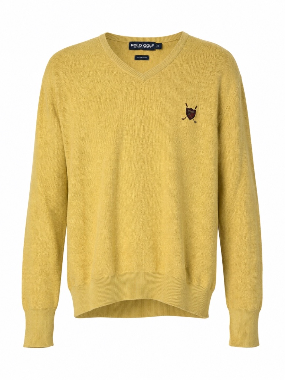 Vintage Polo Golf Ralph Lauren Crest V Neck Sweater Yellow Cotton Large L